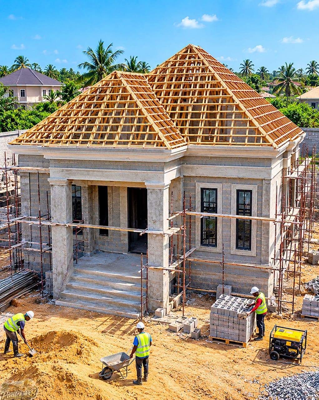 Timber roof trusses installed on a new house